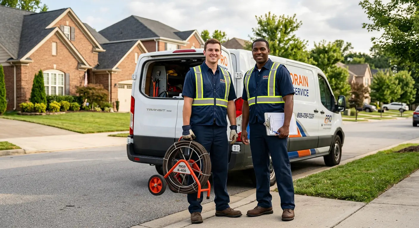 Sewer and drain service team with equipment ready for work in Canfield