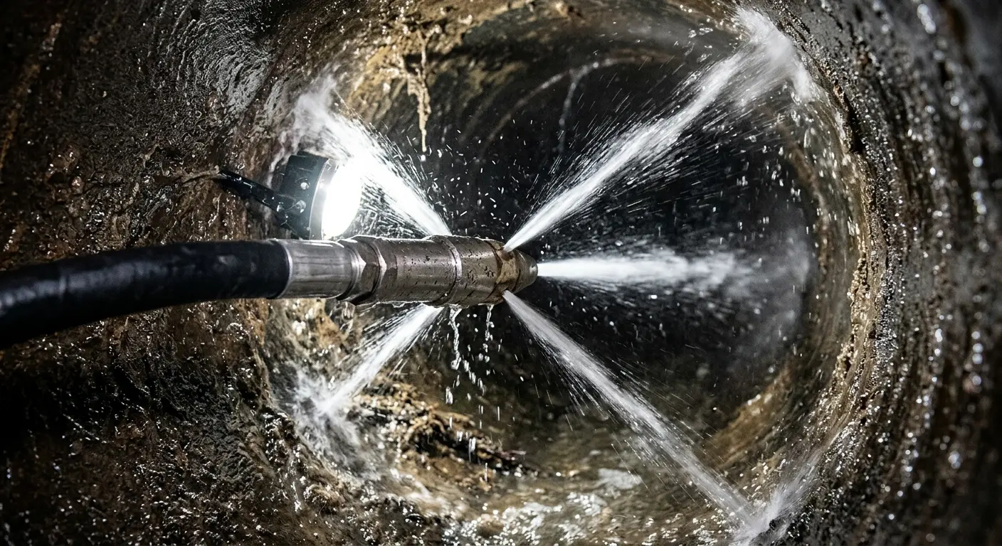 High-pressure hydro jetting nozzle cleaning sewer pipe for Storm Drain Cleaning in Canfield