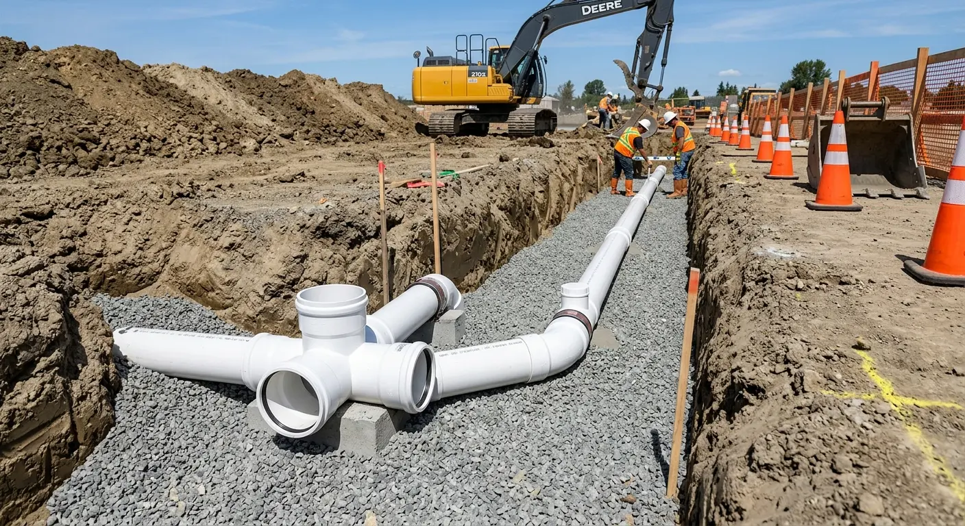 New PVC sewer pipe installation in open trench for Sewer Backup in Canfield